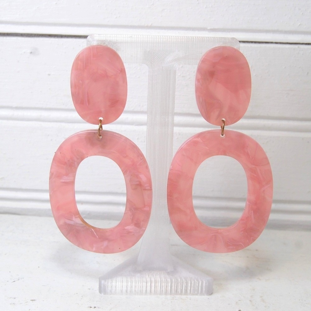 Large Pink Dangle Earrings Marbled Pearl Pastel Resin Hoop Pierced Post Backs